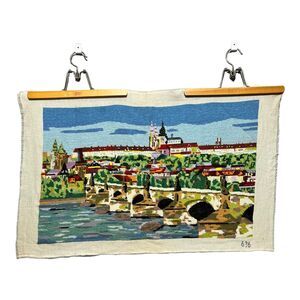 VTG Needlepoint Charles Bridge Prague Canal Village European Embroidery 18”x28”